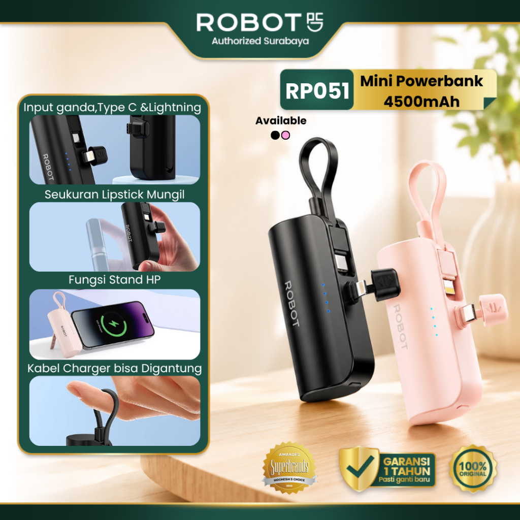 ROBOT Powerbank Mini Ukuran Kecil Travel Size Kapasitas 4500mAh Mini Ukuran Lipstick Type-C & Lightning Original - RP-051L / RP-051C