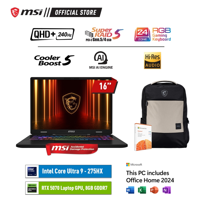 MSI CROSSHAIR 16 HX AI D2XWGKG ULTRA 9 275HX RTX5070 - 32GB 1TB W11+OHS 16.0QHD+ 240HZ 100DCIP3 24ZRGB 2Y+ADP