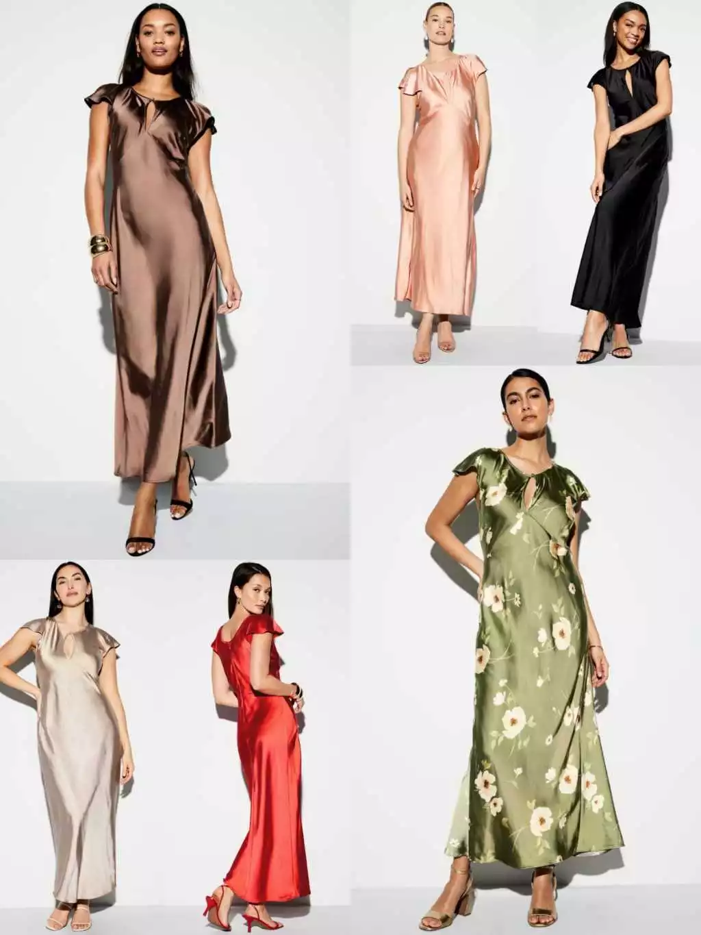 Dress Panjang Wanita Bahan Satin Mewah OLN Flutter-Sleeve Keyhole Satin Maxi Dress - 2711