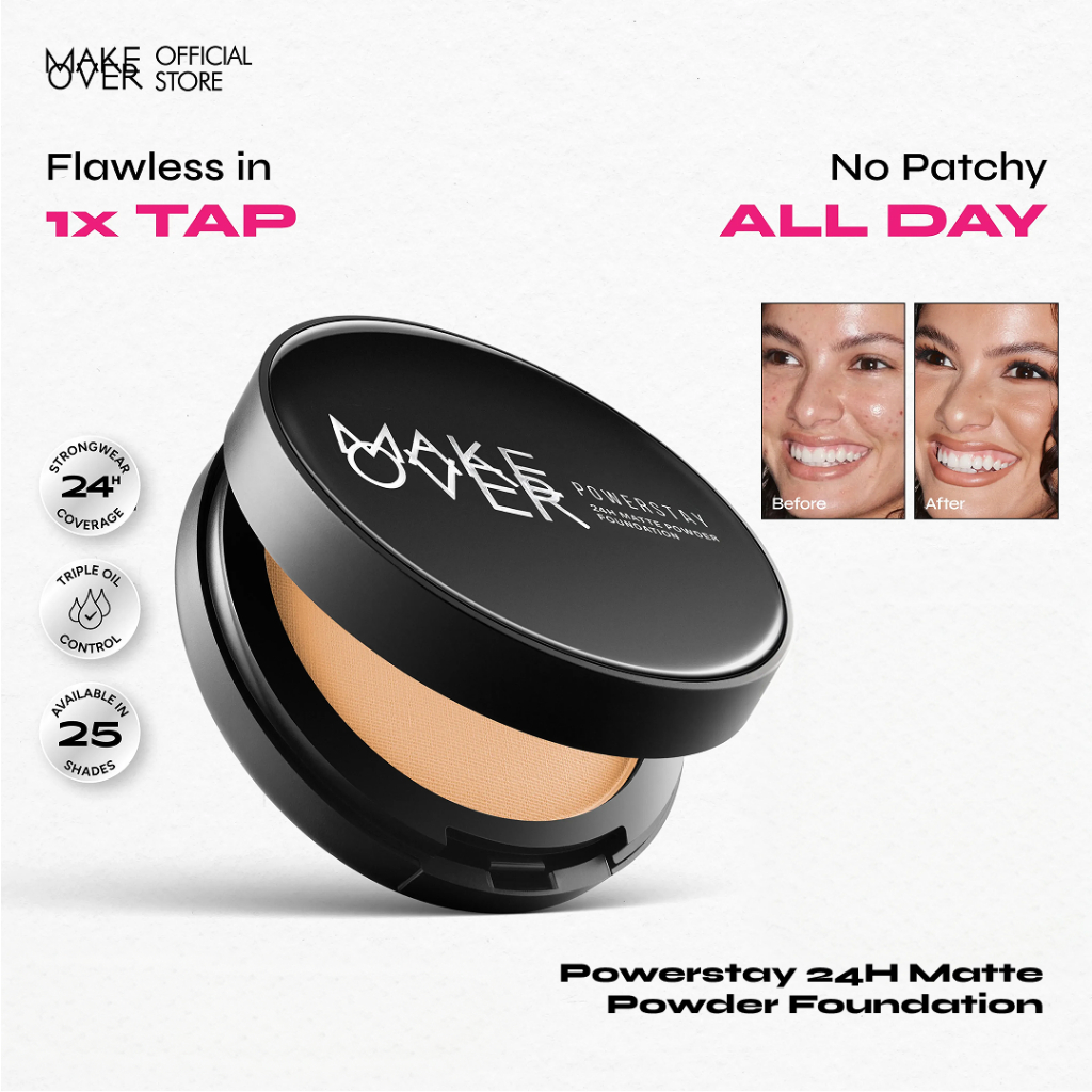 MAKE OVER Powerstay 24H Matte Powder Foundation - Bedak Padat High Coverage Ringan Compact Flawless Make Up Tahan Lama 24 Jam Non-Comedogenic BEST SELLER Poreless