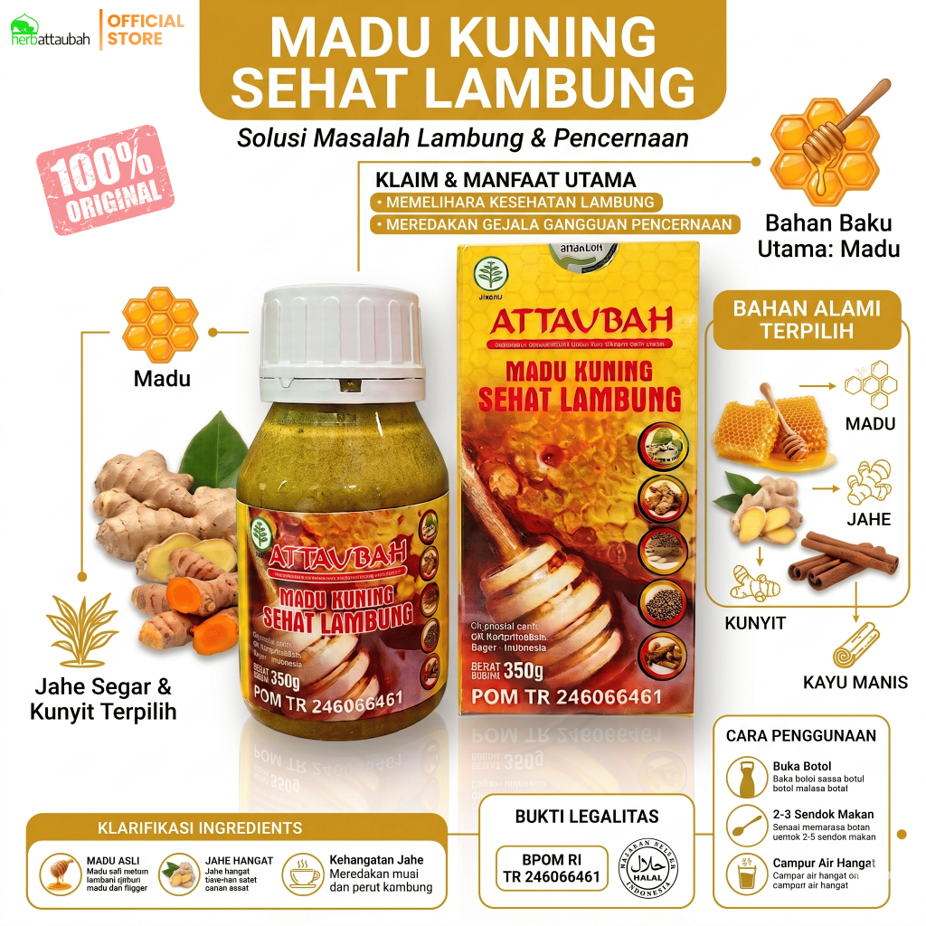 Madu Lambung Solusi Maag & Gerd - Madu Kuning Sehat Lambung Attaubah 350gr Original