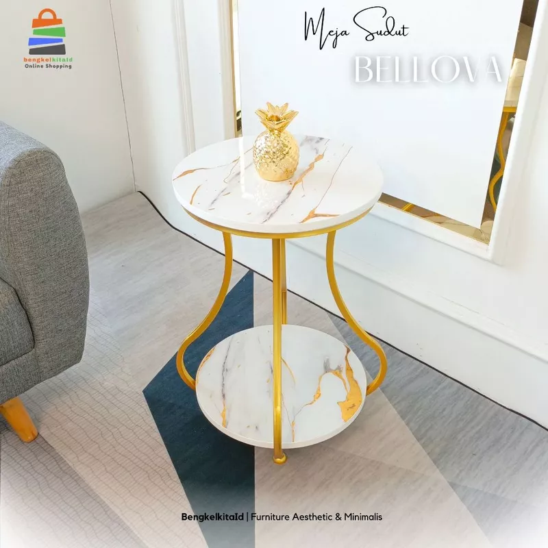 Meja Sudut Aesthetic Bellova Side Table Minimalis Ruang Tamu Mewah Besi Marmer 2 Susun
