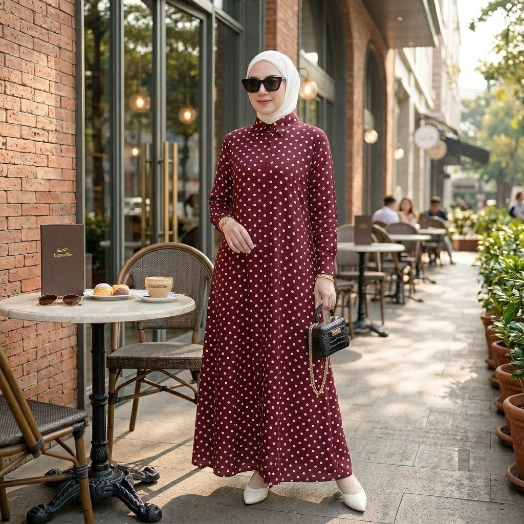 DILMA Dress Gamis Muslim Bahan Mikro Polkadot Nyaman Bumil & Busui Friendly