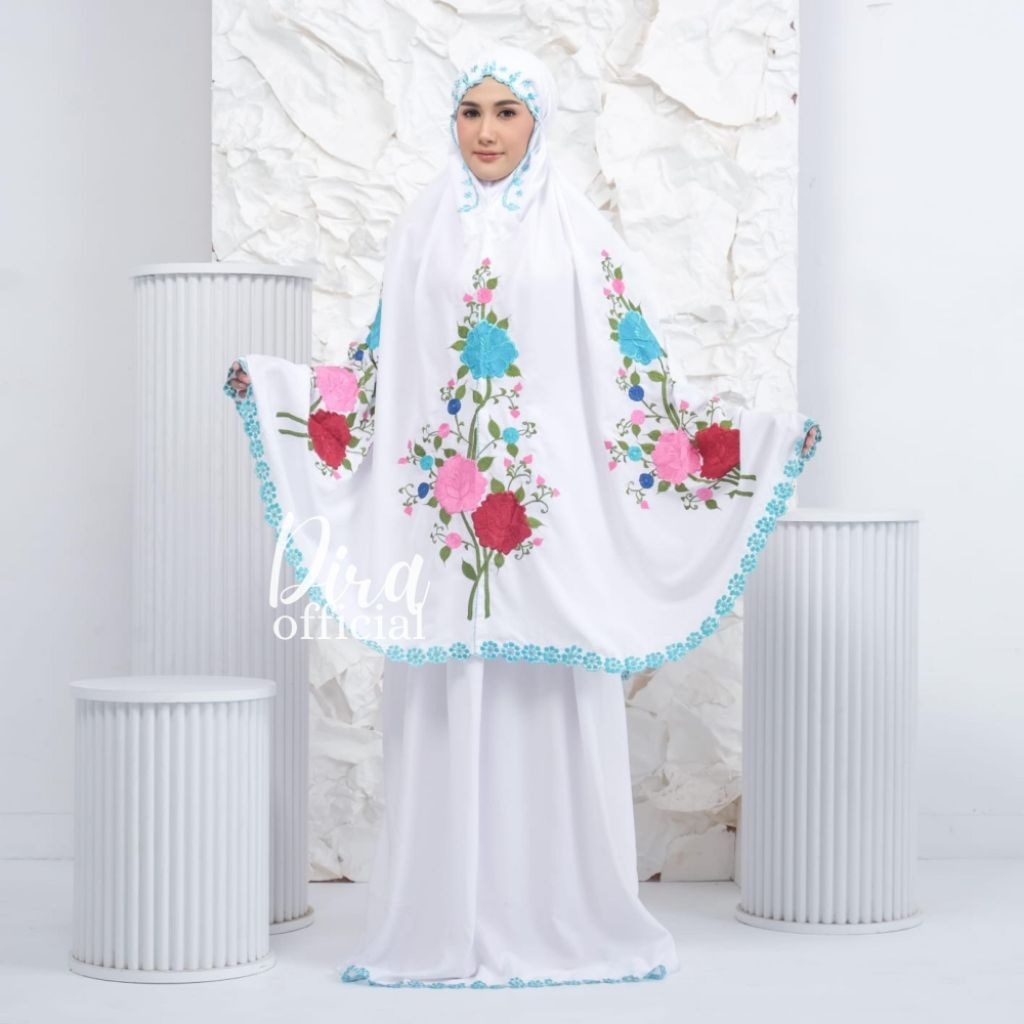DIRA - Mukena Bordir Manual Mewah Motif Mawar | Mukena Putih Bordir Premium