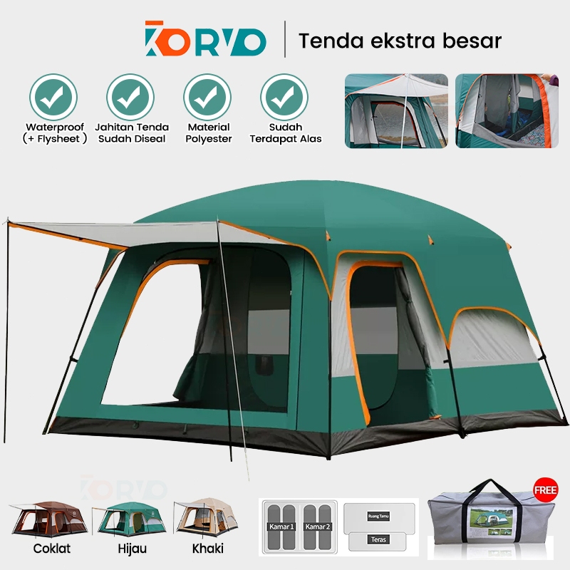 KORVO Tenda Camping Outdoor 2 Ruangan Tenda Glamping Waterproof Luxury Besar Automatic Keluarga tenda