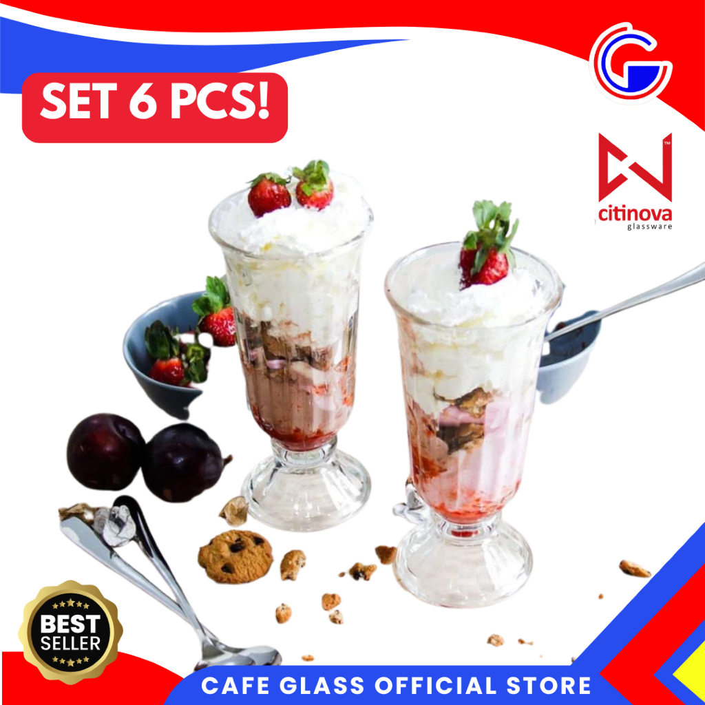 Gelas Kopi Kaca 6 Pcs Citinova Palma - Cangkir Kopi Unik Kaki Bening 370ml - Gelas Puding Kaca Es Krim