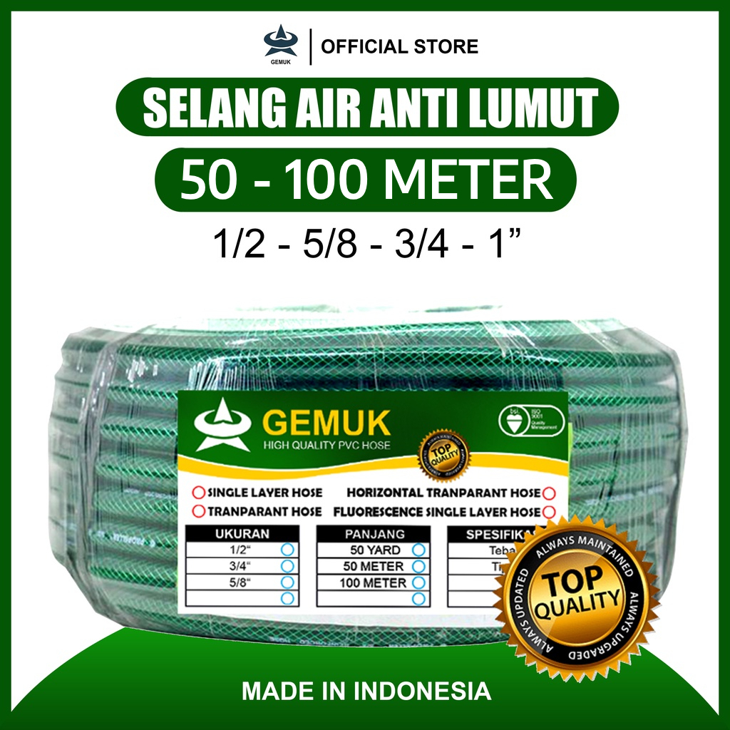 GEMUK Selang Air 50 Dan 100 Meter 1/2 5/8 3/4 Inch Selang Anti Lumut Anti Tekuk Bahan Tebal Siram Tanaman Cuci Mobil Motor