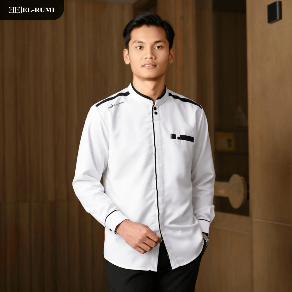 Baju Koko Pria Elrumi Lengan Panjang Motif Yisunsin Warna Putih