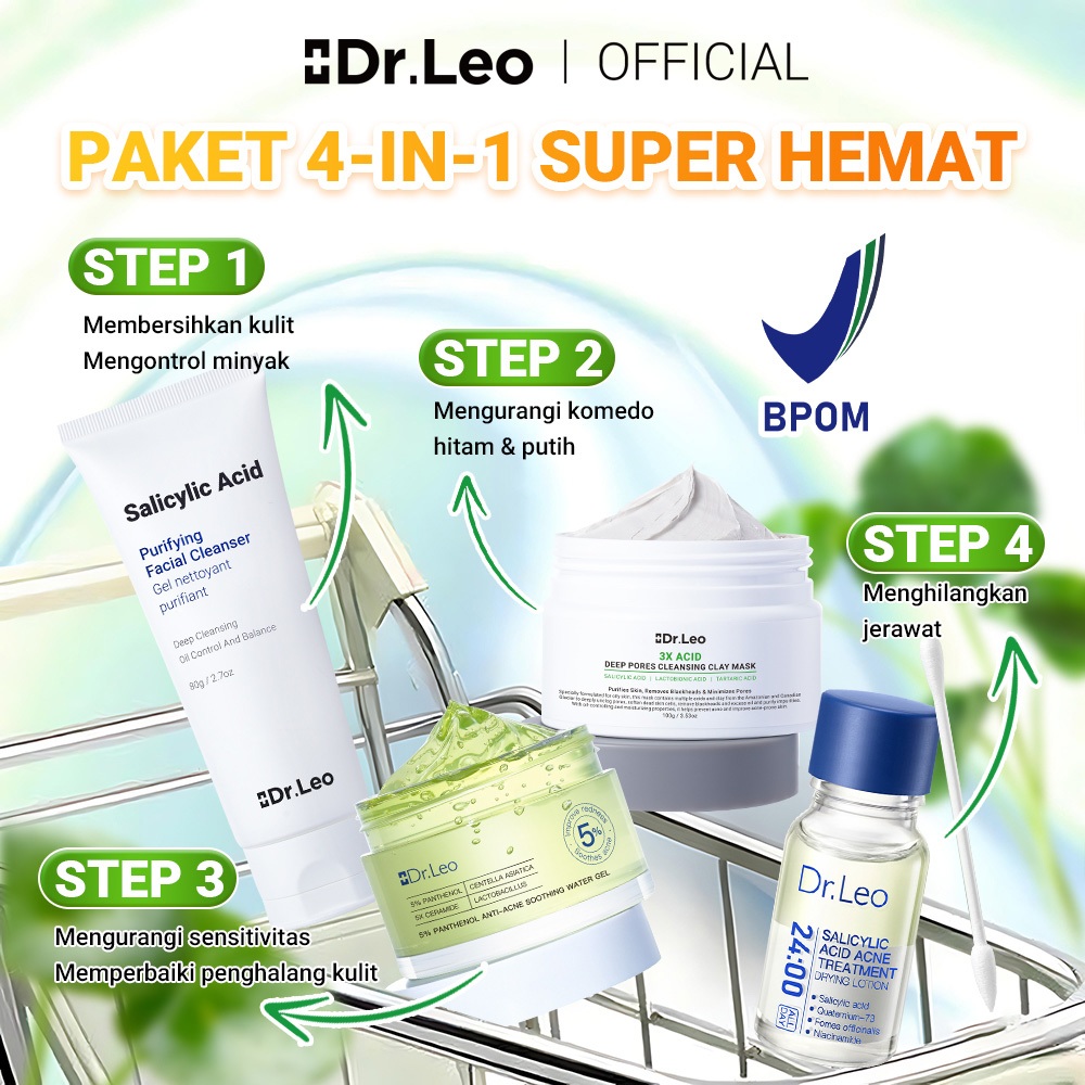 Dr.Leo 4pcs Acne Set Paket Anti Jerawat - Salicylic Acid Acne Drying Lotion + Blackhead Removal Clay Mask + Facial Cleanser Skincare Paketan+Panthenol Soothing Water Gel 5%
