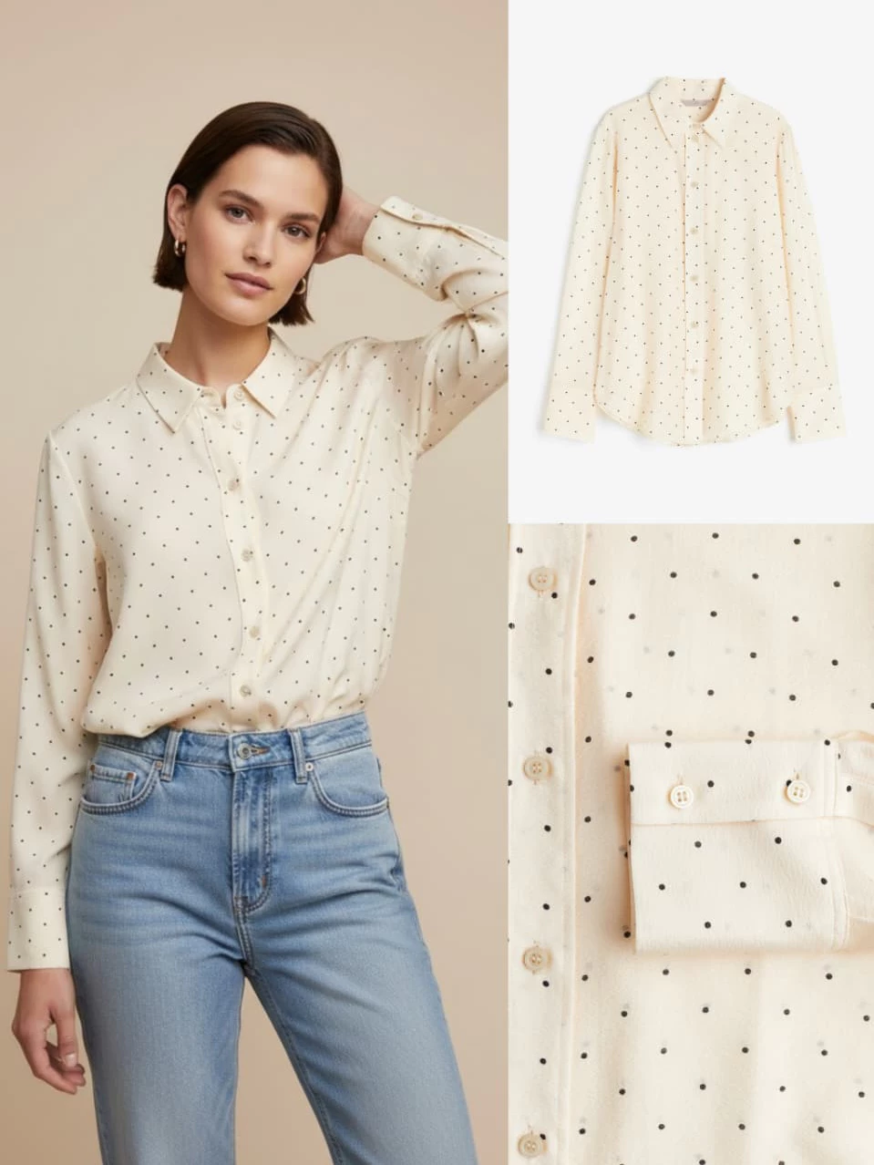 HM Women's Cream/Spotted Shirt - Kemeja Lengan Panjang Polkadot - 2168