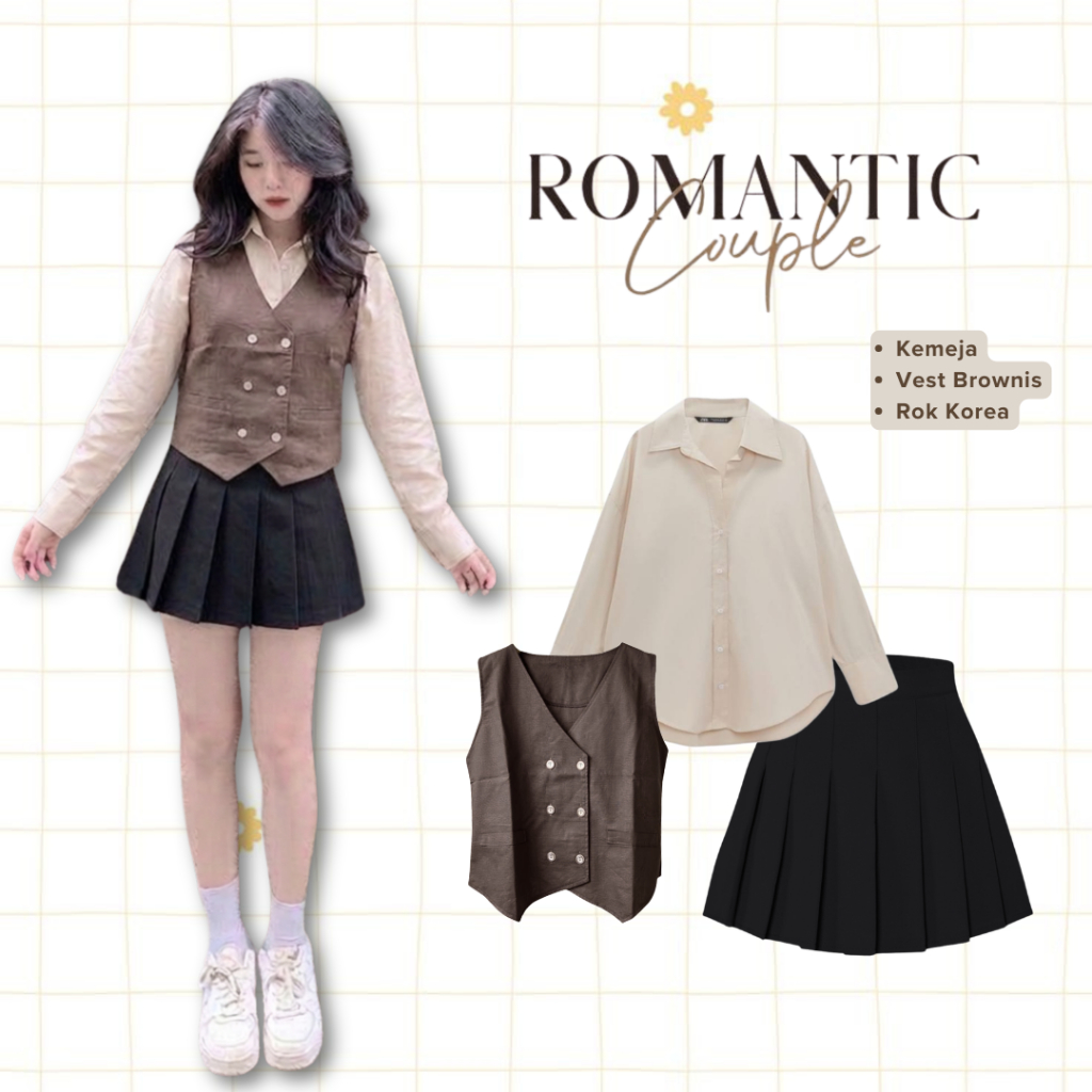 Jual Oneset Wanita Kekinian Ala Korea 3in1 (Rok Pendek + Kemeja + Vest ...