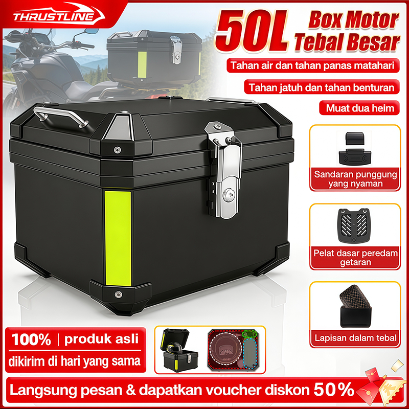ThrustLine Box Motor 50L Kapasitas Besar Tahan Air Tahan Benturan Universal Tailbox Top Box Bagasi Belakang Motor Kotak Penyimpanan dengan Lampu Reflektif