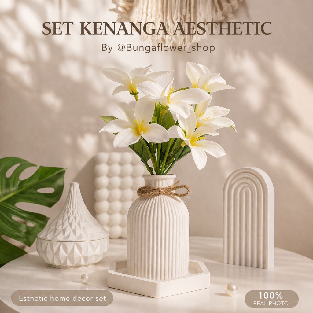 Jual 1 Set Bunga Aesthetic Kenanga Artificial + Vas + Tatakan Hexagon ...