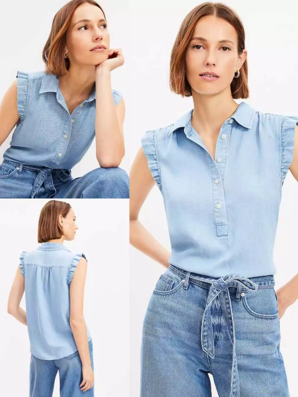 Atasan Ruffle LFT - Sleeveless Chambray Button- Front Ruffle Blouse - 2210