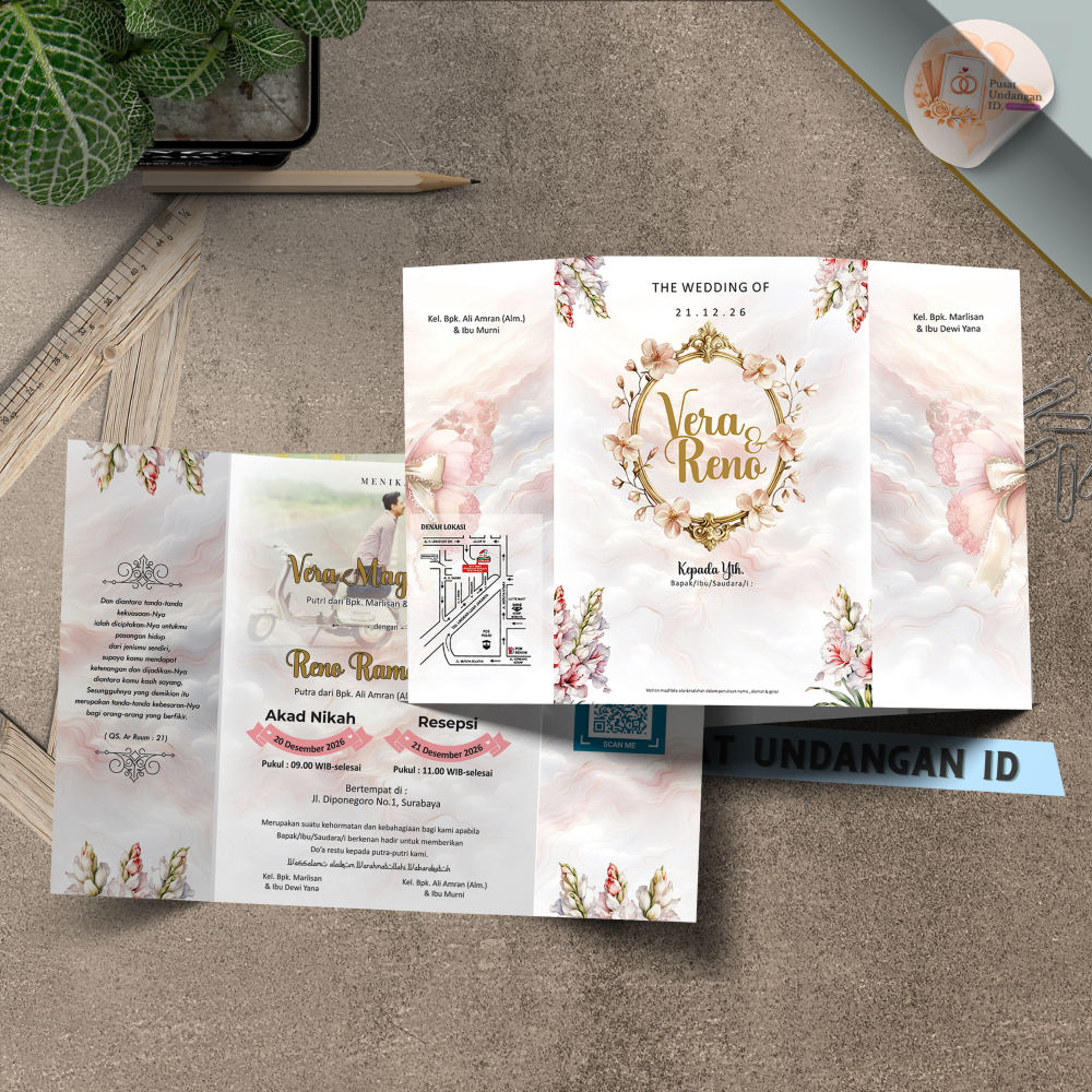 Jual Undangan Pernikahan Lipat Tiga Eksklusif Motif Bunga Pastel, Bonus ...