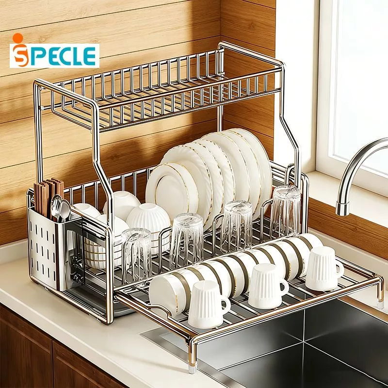 iSPECLE 2 Susun Rak Piring Stainless Steel Rak Dapur Cuci Piring Wastafel Rak Piring Penyimpanan
