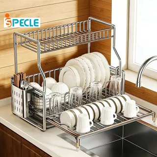 iSPECLE 2 Susun Rak Piring Stainless Steel Rak Dapur Cuci Piring Wastafel Rak Piring Penyimpanan