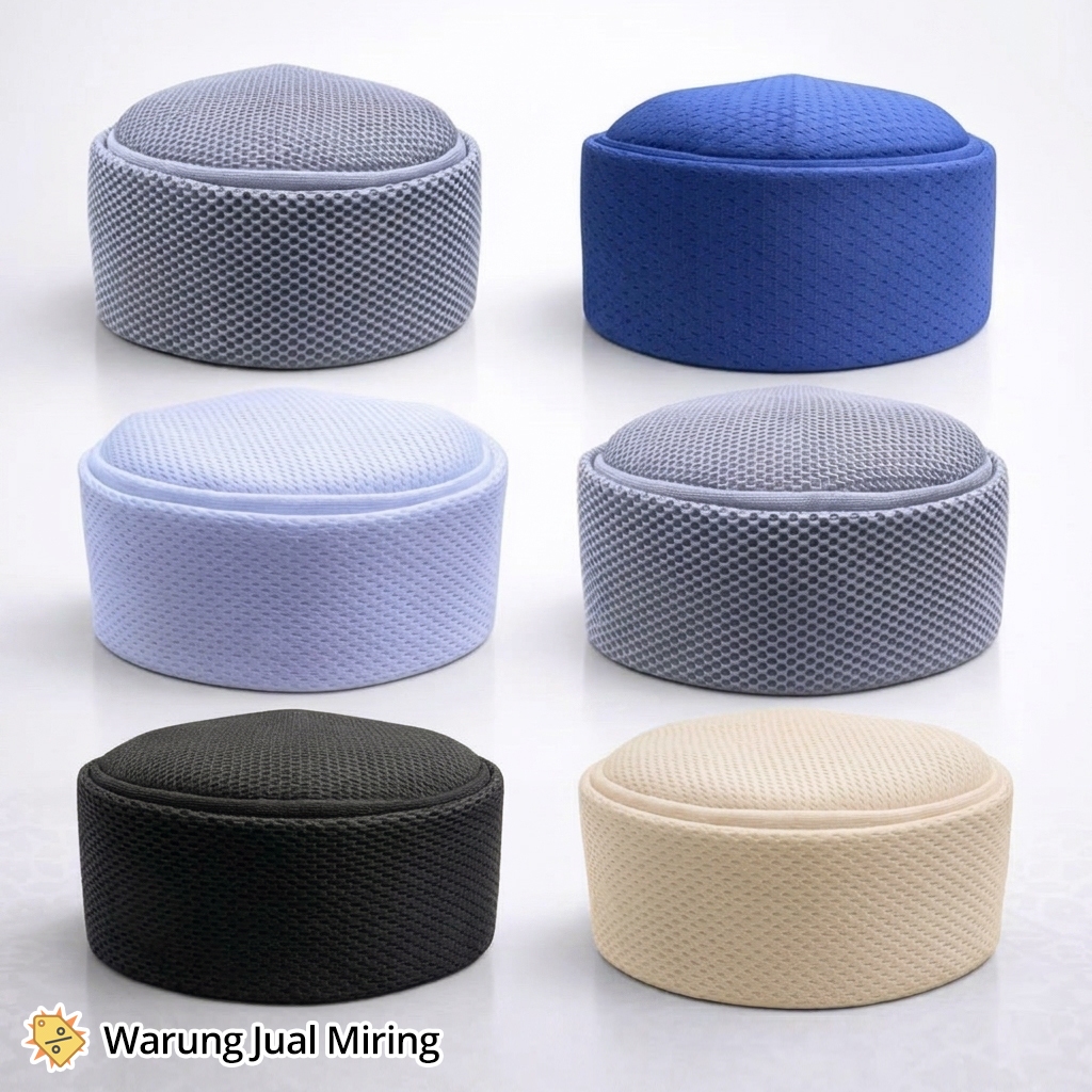 PECI HABASYA Kopiah Lipat Mesir Songkok Jaring Double Mesh Bulat Hitam Putih Abu Biru Navy Krem Warna Dewasa Pria Cowok Laki Motif Polos Premium Tebal Kaku Empuk Busa Spons Busana Muslim Islam