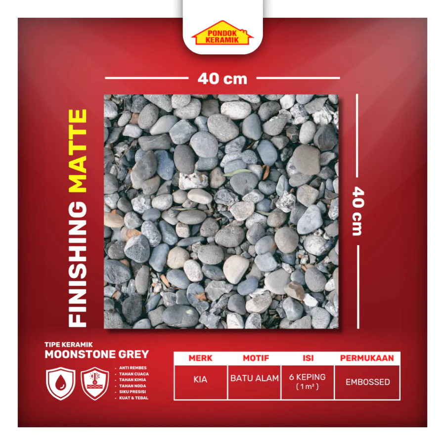 Keramik Lantai Teras KIA 40x40 Moonstone Grey Warna Abu Motif Batu Alam