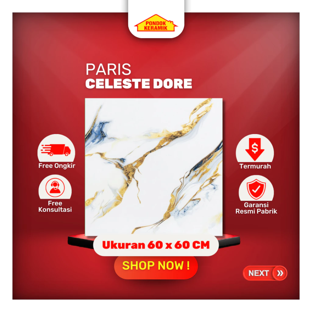 Granit Lantai Paris Ukuran 60x60 Celeste Dore Motif Marble Gold Emas Biru Glossy Kilap