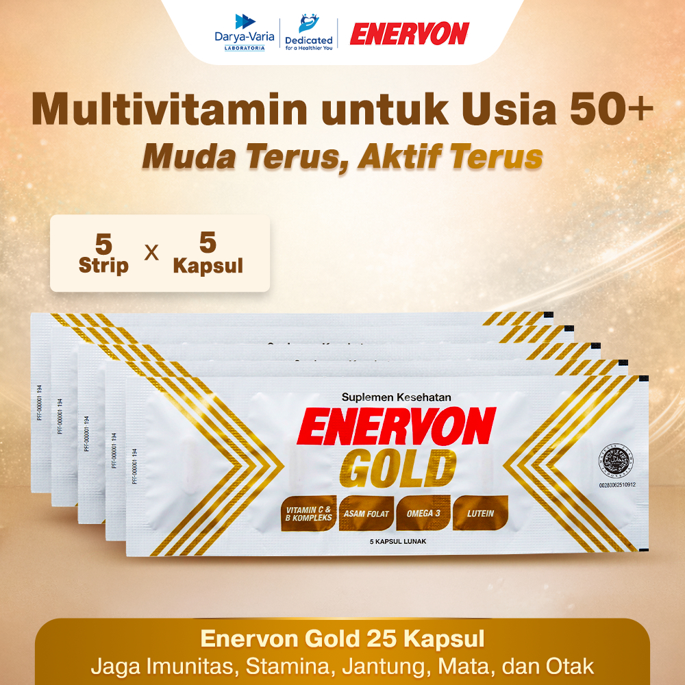 Enervon Gold Vitamin C, B Complex, Omega 3 Isi 25 Tablet (5 Strip x 5 Tablet) - Suplemen Multivitamin Daya Tahan Tubuh Lansia 50+ Tahun