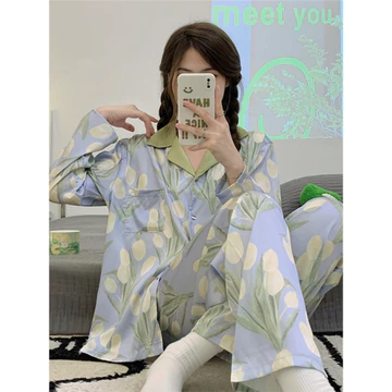 Set Piyama Wanita Gaya Minimalis Motif Tulip Baju Tidur Satin Import Homewear Set PD006