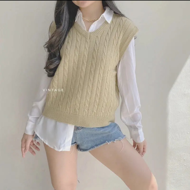 Jual Vest Wanita Korean Style - Rompi Rajut Cable | Shopee Indonesia