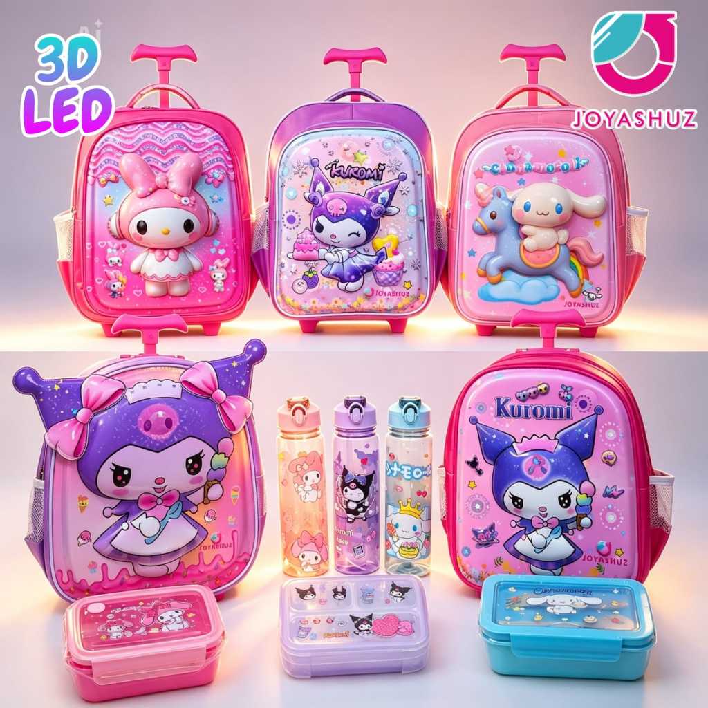 Tas Troli Anak Perempuan TK SD Motif Karakter Timbul 3D Lampu LED - Tas Dorong Anak TK SD - Tas Sekolah Trolley Anak Perempuan - Joyashuz
