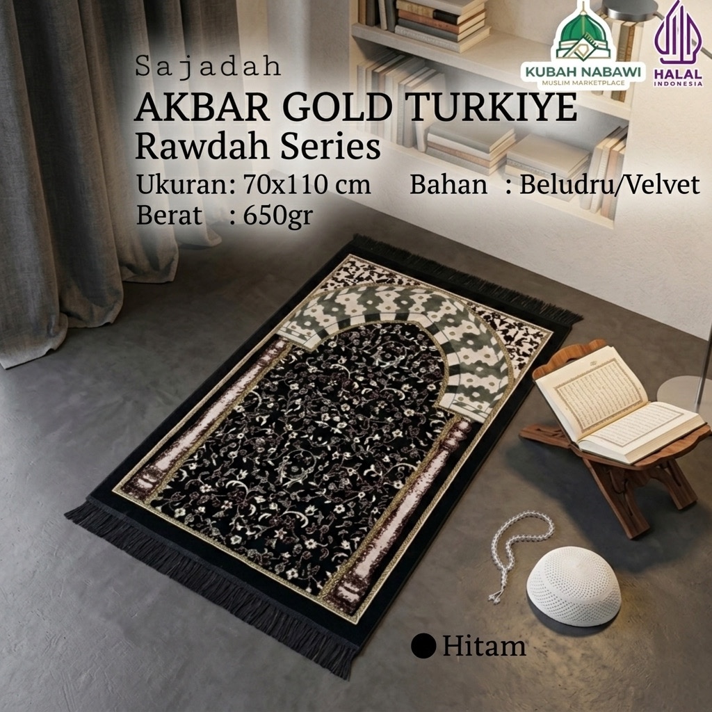 AKBAR GOLD TURKIYE RAWDAH 70x110cm| Sajadah Turkiye Beludru Halus Tebal Empuk Jumbo Premium Madinah