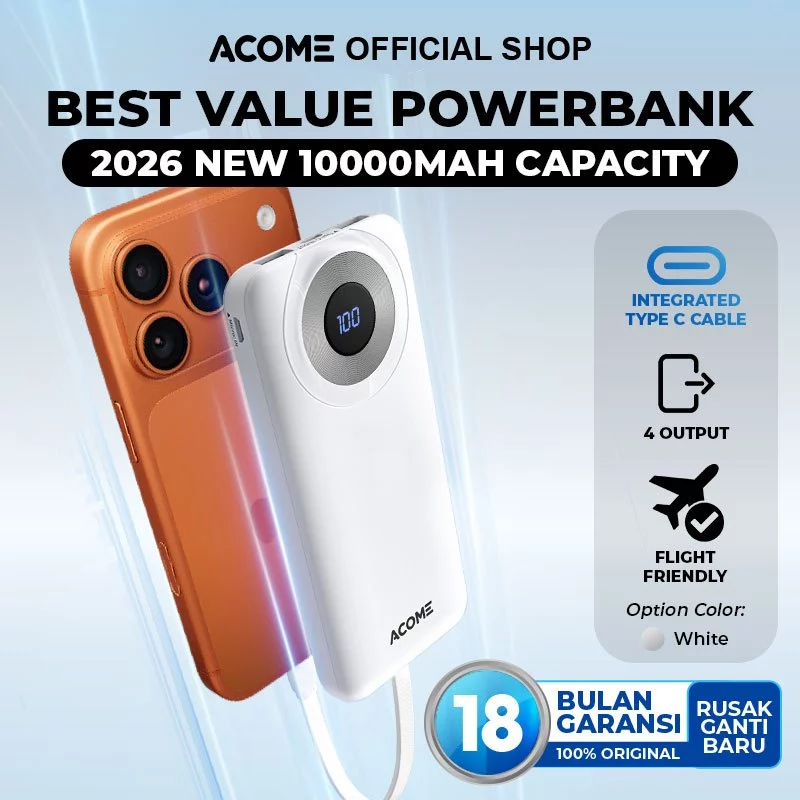 ACOME Powerbank 10000mAh Fast Charging 15W with Type-C Cable 4 Output LED Display - Powerbank Murah