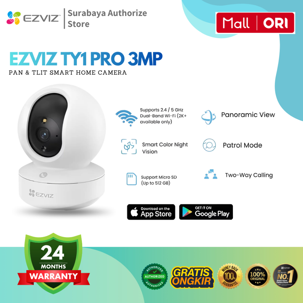 Jual EZVIZ TY1 PRO 3MP 2K Pan-Tilt 2WAY AUDIO Smart Color Night Vision ...