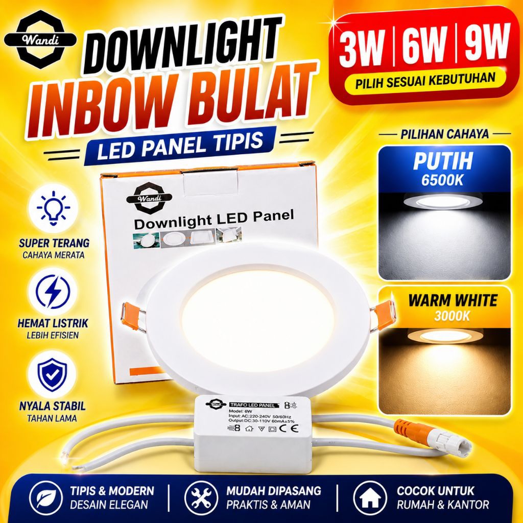 Jual Lampu LED Panel Downlight Plafon 3W/6W/9W Wandi Cahaya Putih ...