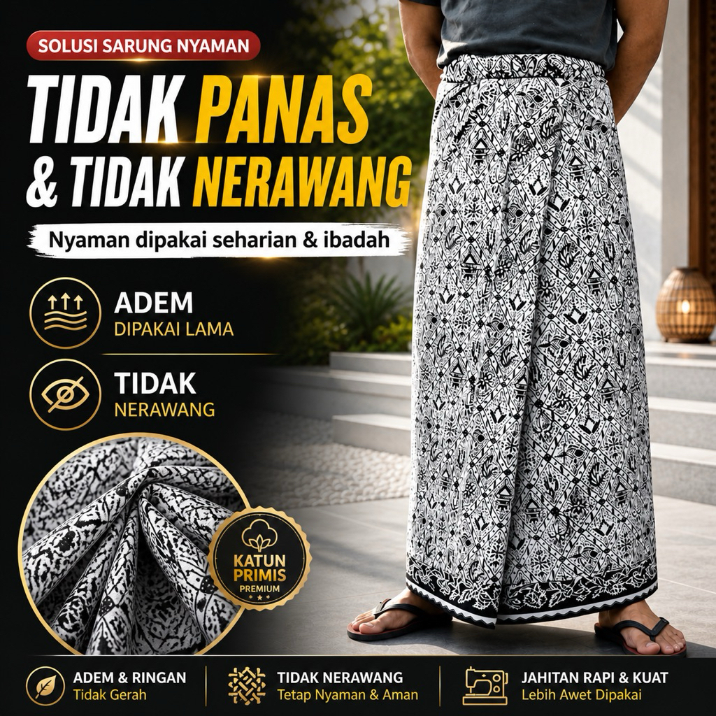 Sarung Batik Pria Katun Primis Premium | Batik Cap Asli (Bukan Sablon) Motif Hitam Putih Elegan