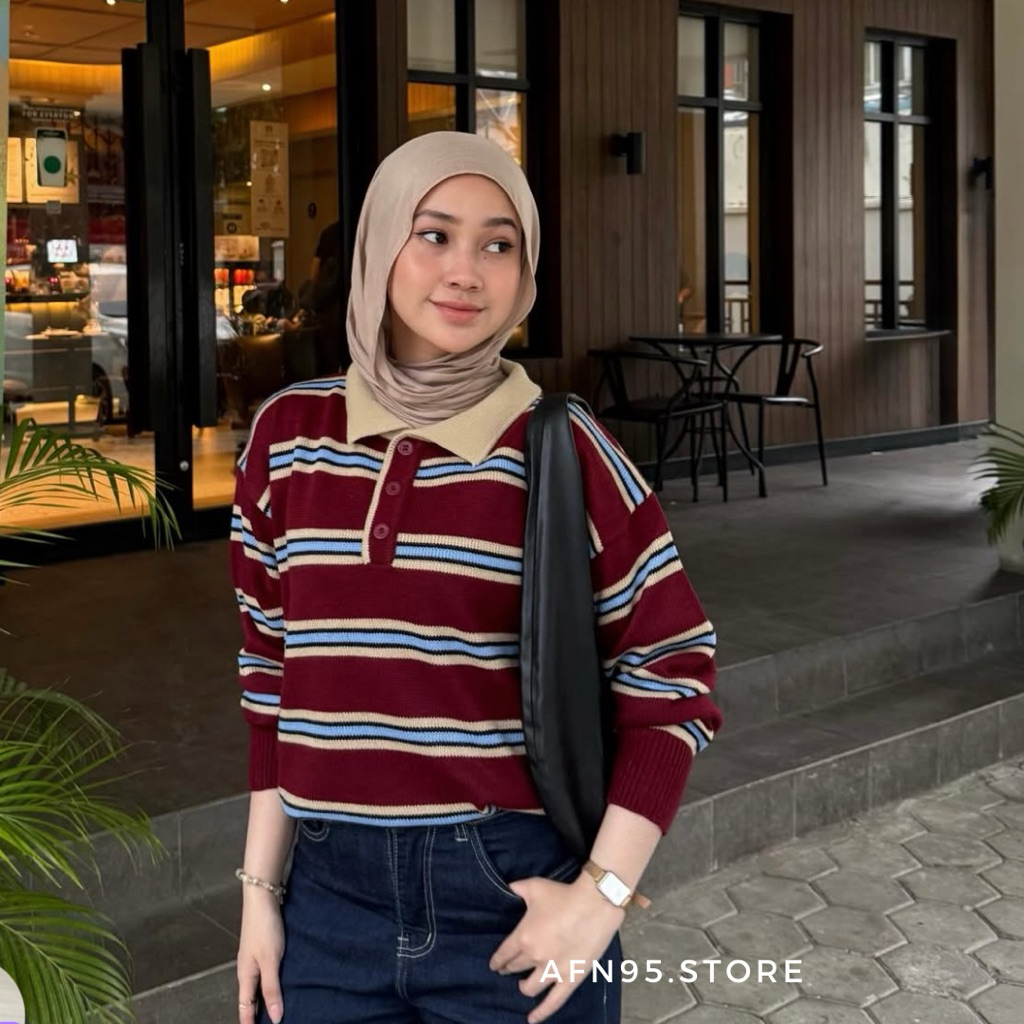 AFN95 Melodia Blouse Stripe Knit Wanita Elegan