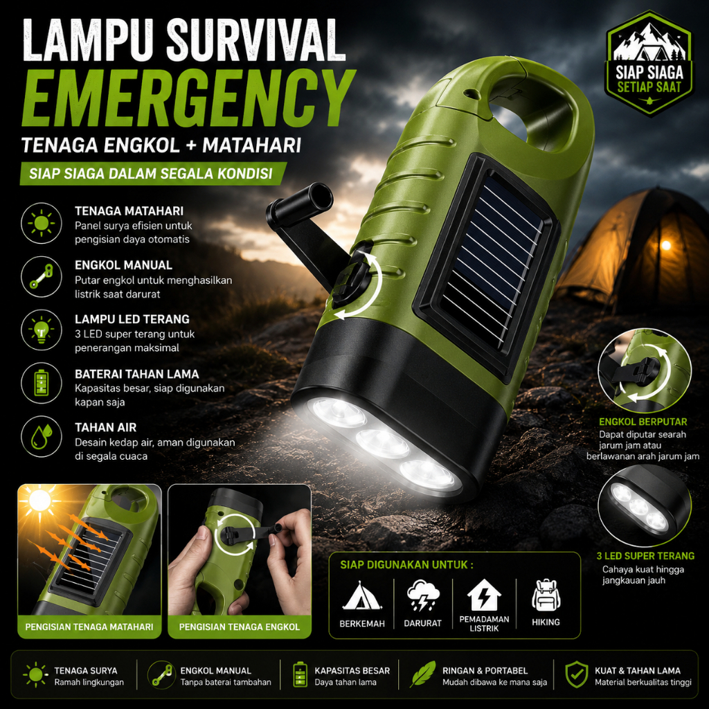 Jual Lampu Senter Outdoor Survival Tenaga Engkol Putar Dinamo + Solar ...
