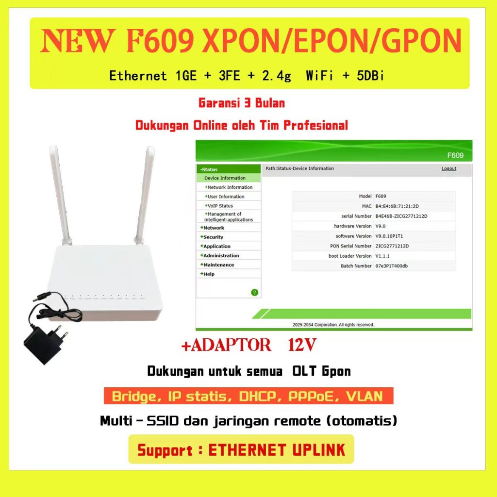 Modem ONT ONU F609 V9 XPON GPON EPON Casing Baru Dual Antena WiFi Support Indihome Sinyal Kuat Ready Stock