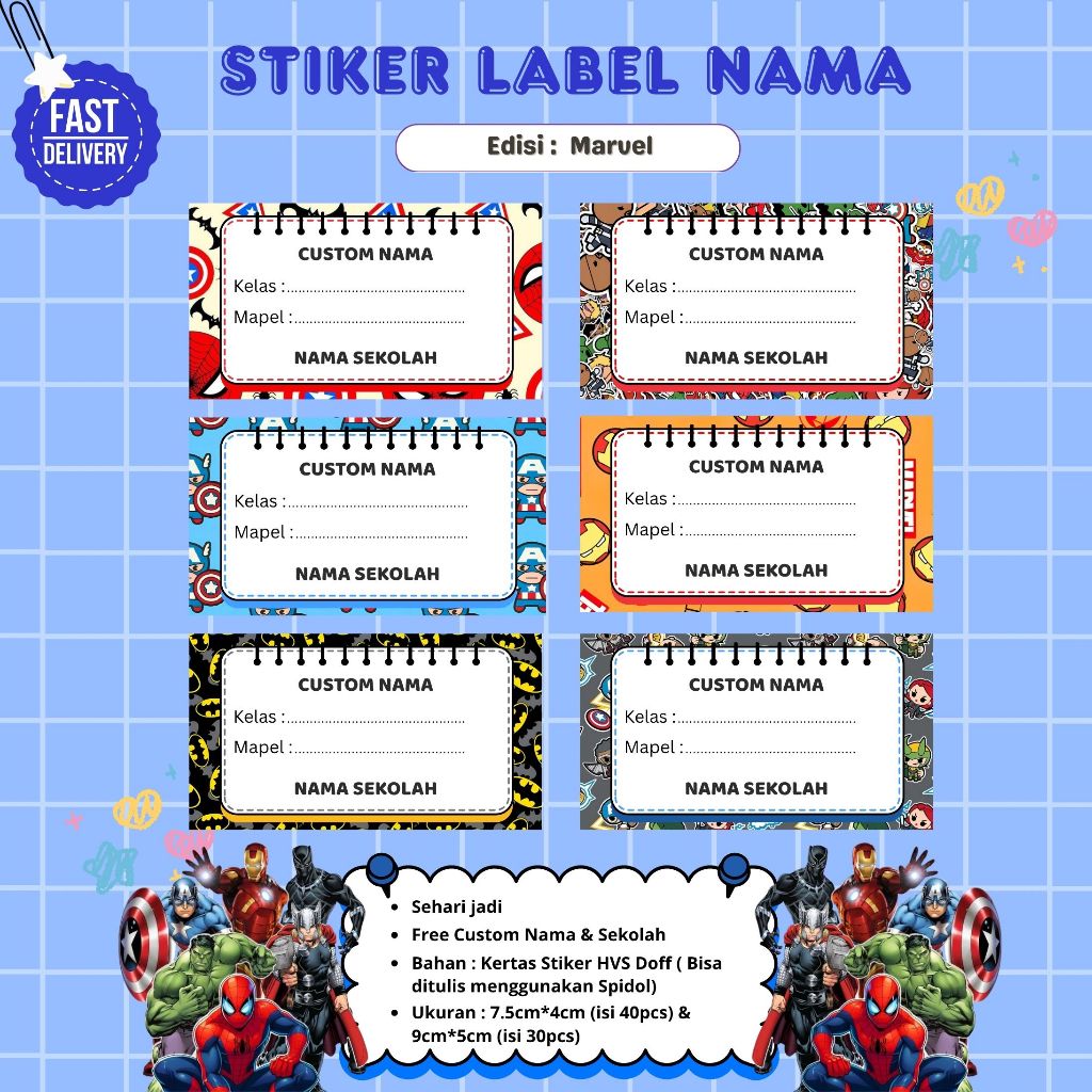 Jual (40pcs) Stiker Label Nama Buku Sekolah Motiv Marvel Superhero ...