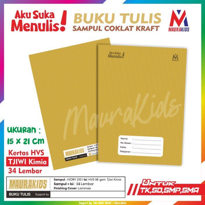 Buku Tulis Sampul Coklat 34 Lembar - Cover Polos Coklat, Isi 10 Buku per Paket Maurakids