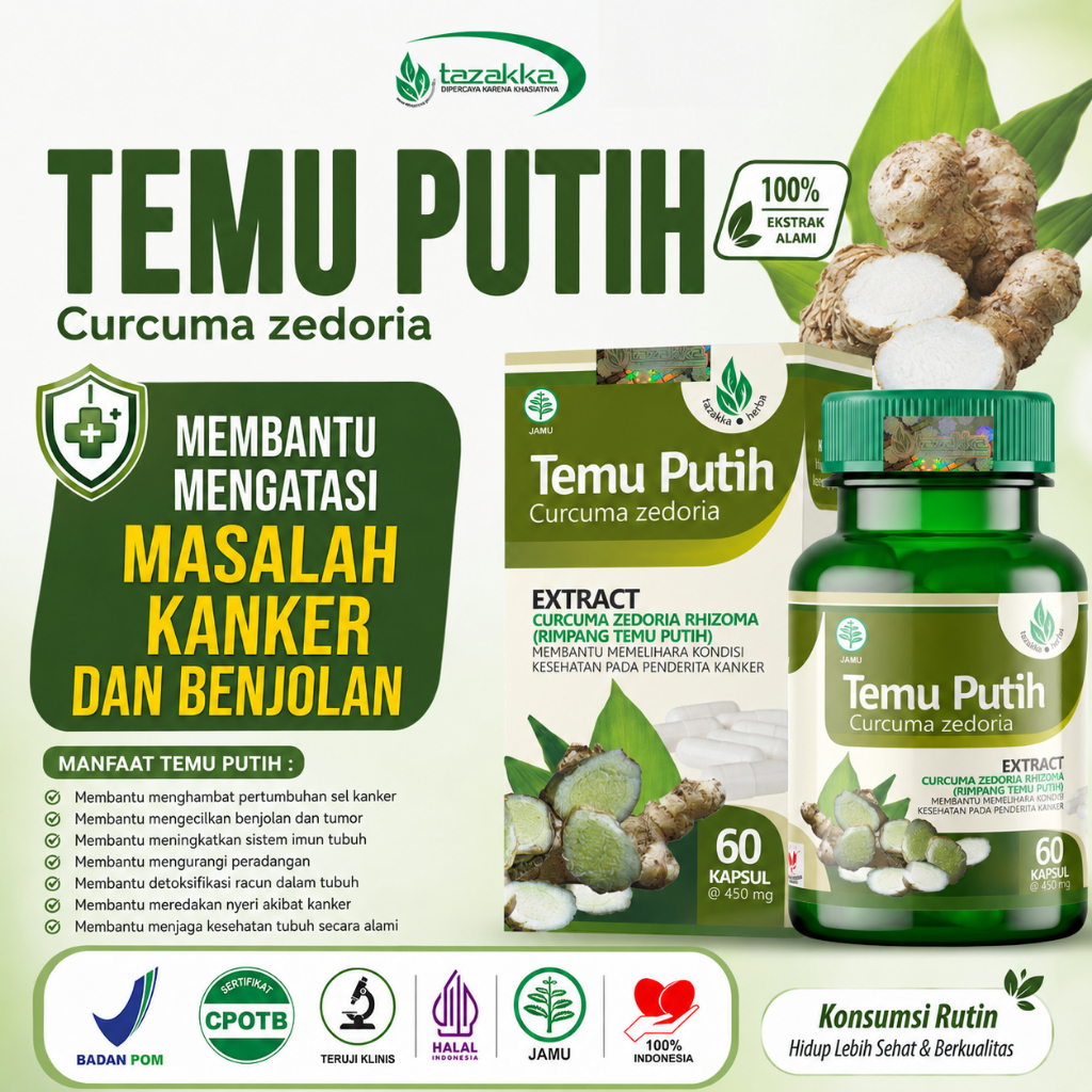 Obat Kanker Kista Tumor Benjolan Herbal Temu Putih Tazakka isi 60 Kapsul per Botol sudah BPOM dan ORIGINAL HALAL
