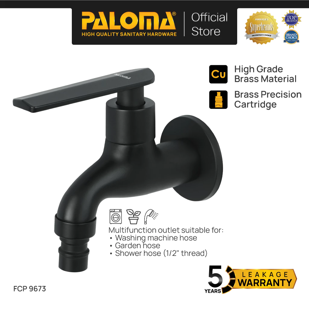 PALOMA FCP 9673 Keran Taman Selang Mesin Cuci Dinding Tembok Kran Air Brass Kuningan Black Hitam - foto 1