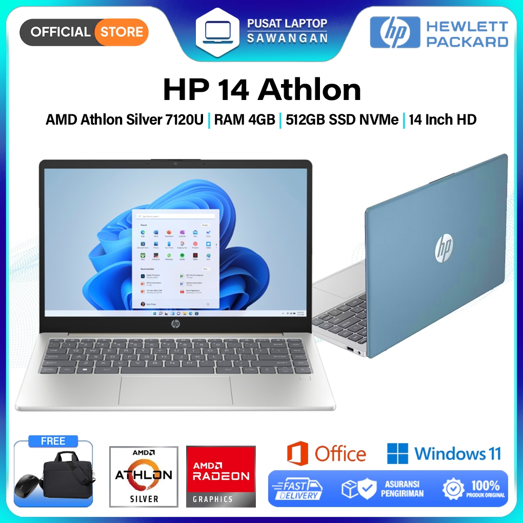 Laptop HP 14 AMD Athlon Silver 8GB RAM 512GB SSD 14.0 Inch HD Windows 11 Home Original