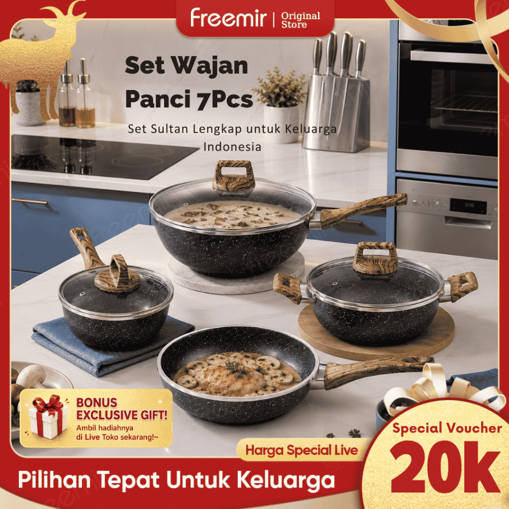 [HOT] Terlaris freemir Original Wajan Panci Set 7 Pcs Granite 26/20/20/16Cm Anti Lengket Tutup Kaca