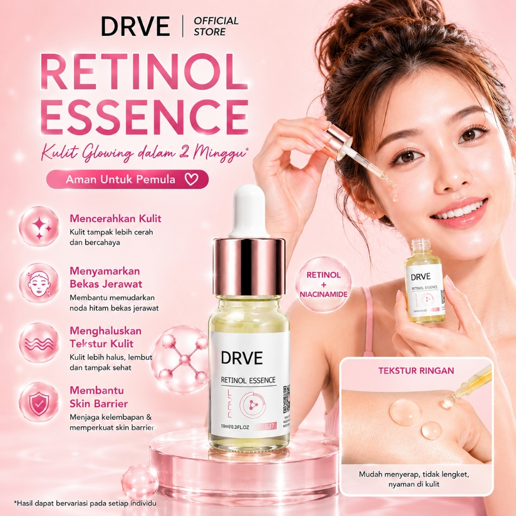 COD DRVE Retinol Essence 10ml - Retinol Berfungsi Memudarkan Garis Halus & Kerutan Serta Menyamarkan Pori Pori - Whitening  Anti Aging - Flek Hitam Melawan Jerawat , Membantu Menyamarkan Tampilan Jerawat, Cocok Untuk Kulit Berjerawat