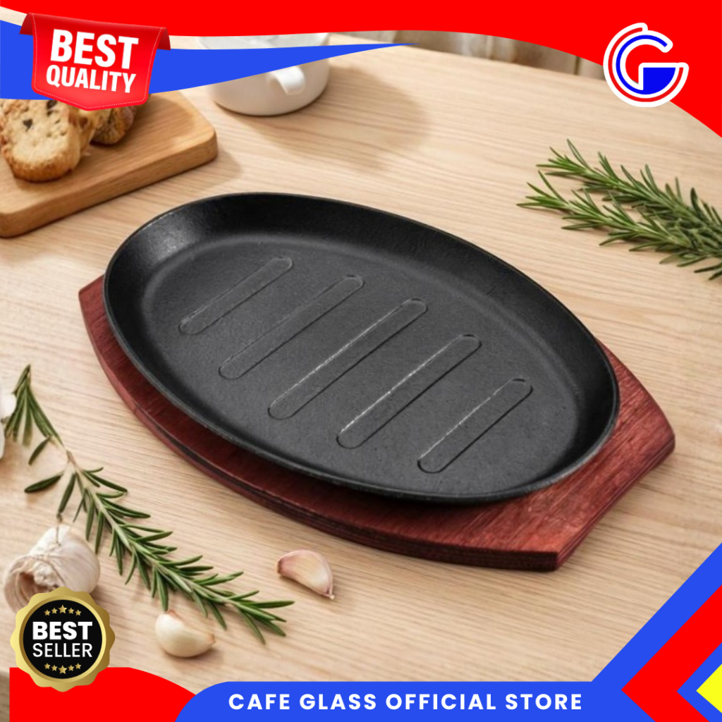 Hot Plate Oval | Piring Steak Besi + Tatakan Kayu | Loyang Steak Pan Anti Panas
