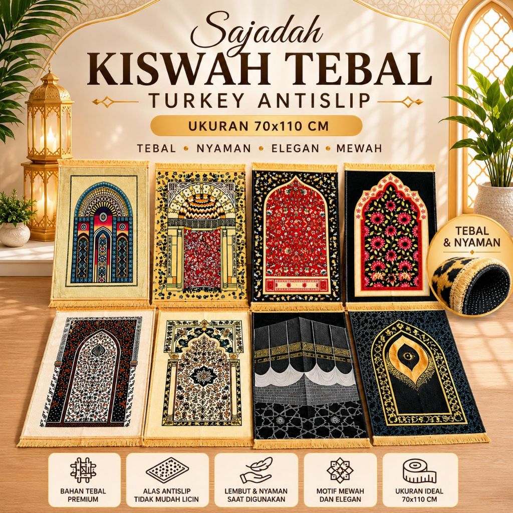 Sejadah Turki Turkiye Tebal Kiswah Hitam Krem Embos Rumbai Emas Anti Slip