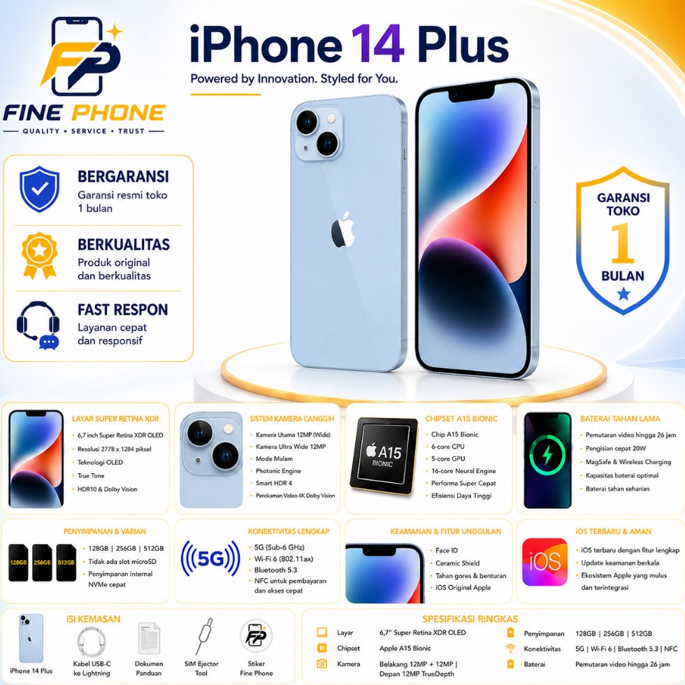 Jual IP 14 PLUS 128GB 256GB SECOND LIKE NEW 100% ORIGINAL Bergaransi ...
