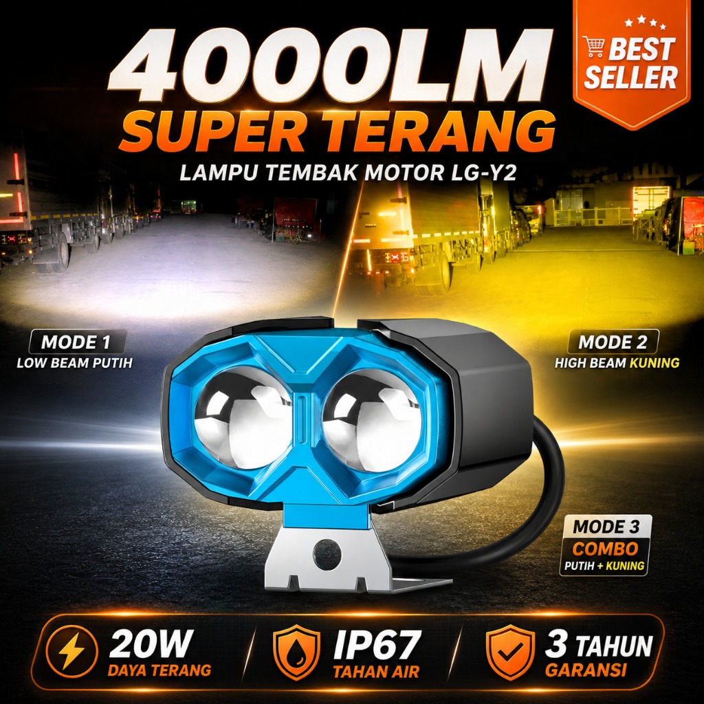 Lampu Tembak Motor LED LG-Y2 4000LM Super Terang | Lampu Sorot Motor Mobil Universal 20W Putih Kuning | Waterproof IP67 Lampu Tambahan Motor