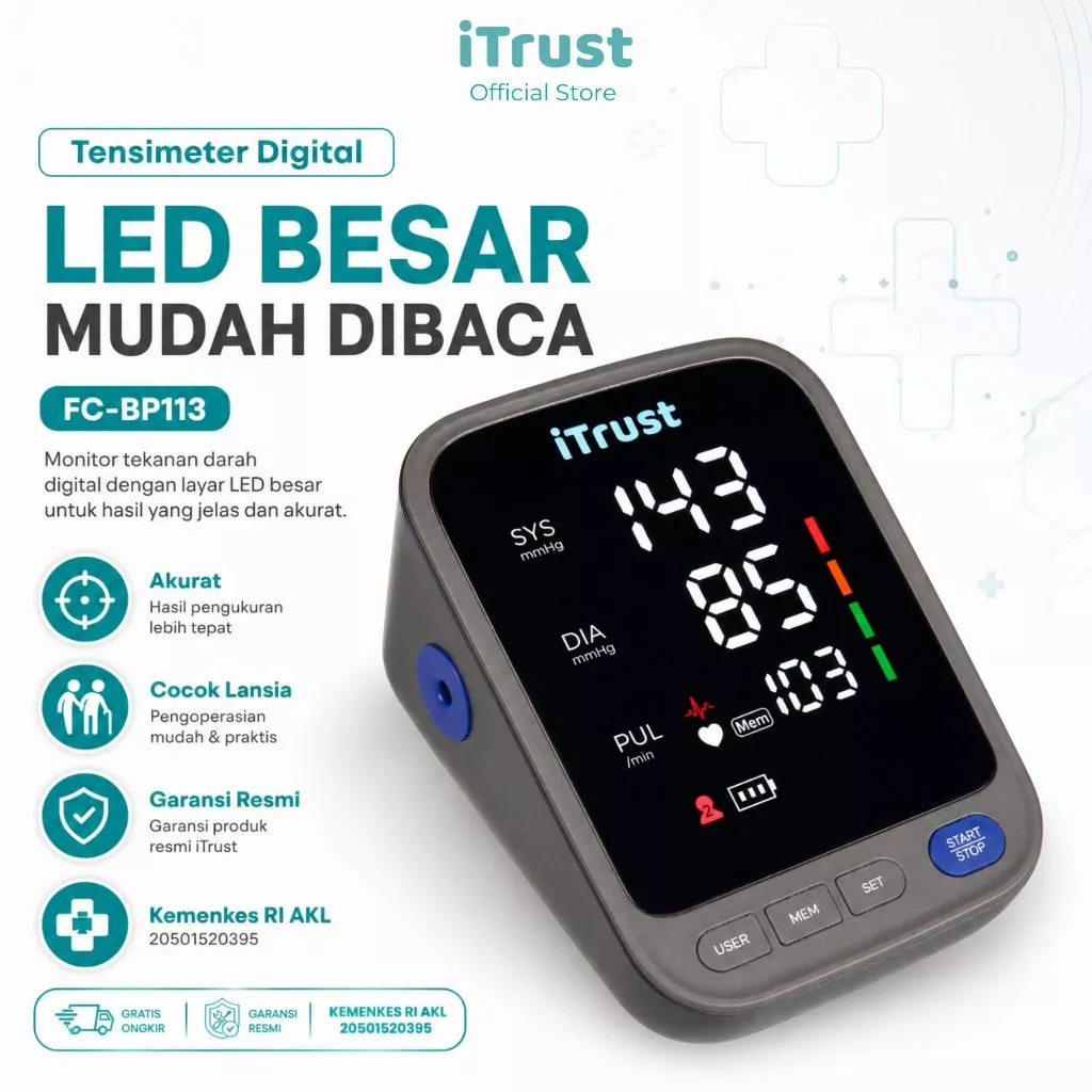 iTrust FC-BP113 tensimeter digital lengan atas dengan layar LCD besar dan indikator 3 warna WHO