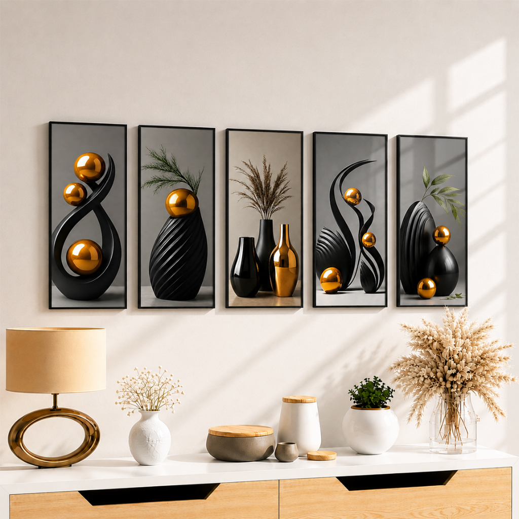 TENNESY Hiasan Dinding Aesthetic Abstract Geometris Set Isi 5 Panel 15x30CM Pajangan Ruang Tamu Dekorasi Rumah