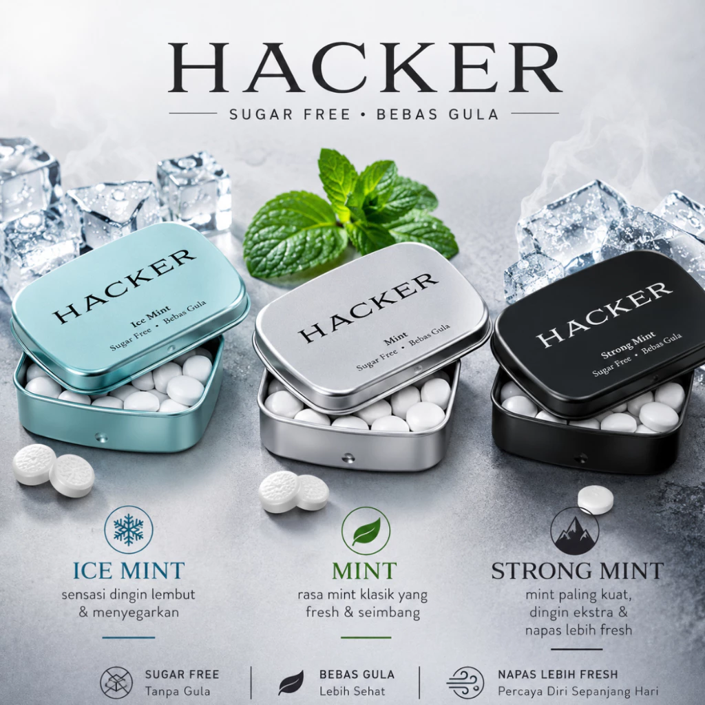 Hacker Permen Mint Sugar Free kemasan kaleng praktis varian Ice Mint, Mint, dan Strong Mint